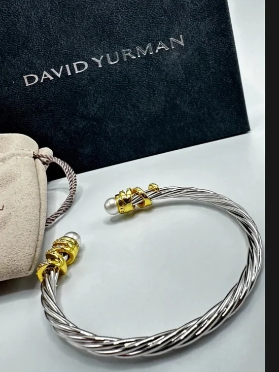 David Yurman Silver Cable Bracelet with Gold Accents and Pearl - Picture 3 of 4